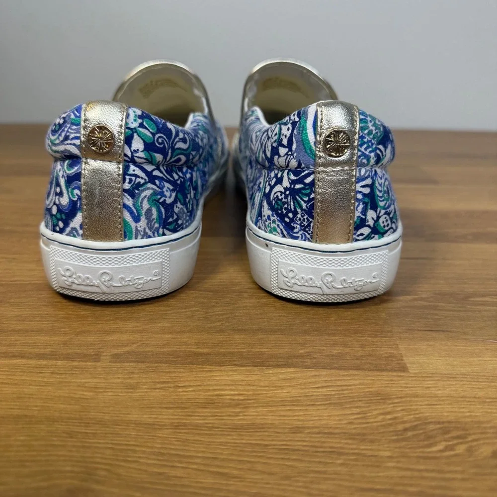 Lilly Pulitzer Blue Green Paisley Slip On Sneakers Metallic Gold Trim 001293 9